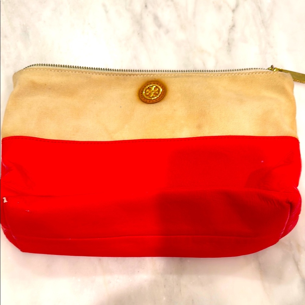 Tory Burch Red and Tan Cosmetic Bag with Color-Block Design